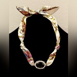 Silk Scarf Necklace with Black Gem